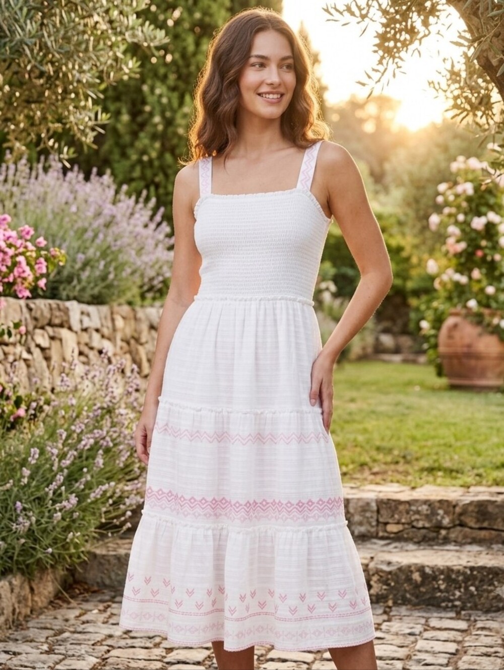 Draper James Riviera Smocked Maxi Dress In White & Pink Sz XL NWOT
